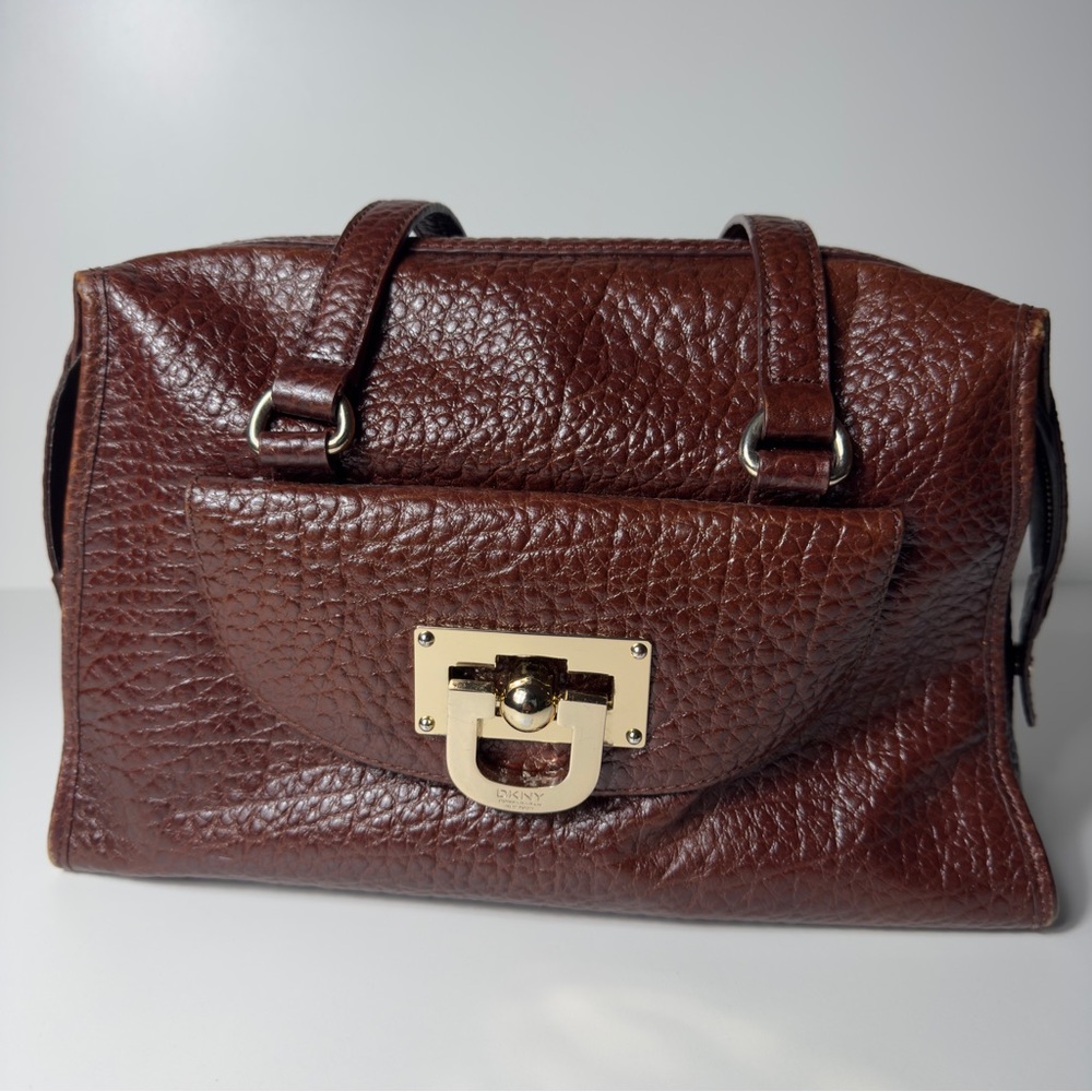 DKNY Women's Brown Leather Double Handle Inner Pocket Satchel Bag Purse Vintage